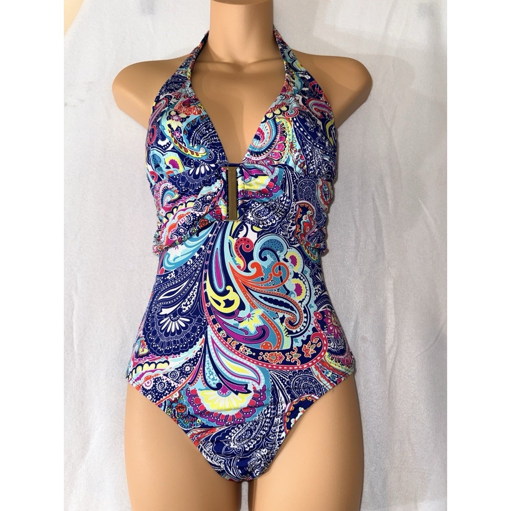 LIZ CLAIBORNE Paisley & Floral‎ Print One Piece Halter Swimsuit Ruched Size 6